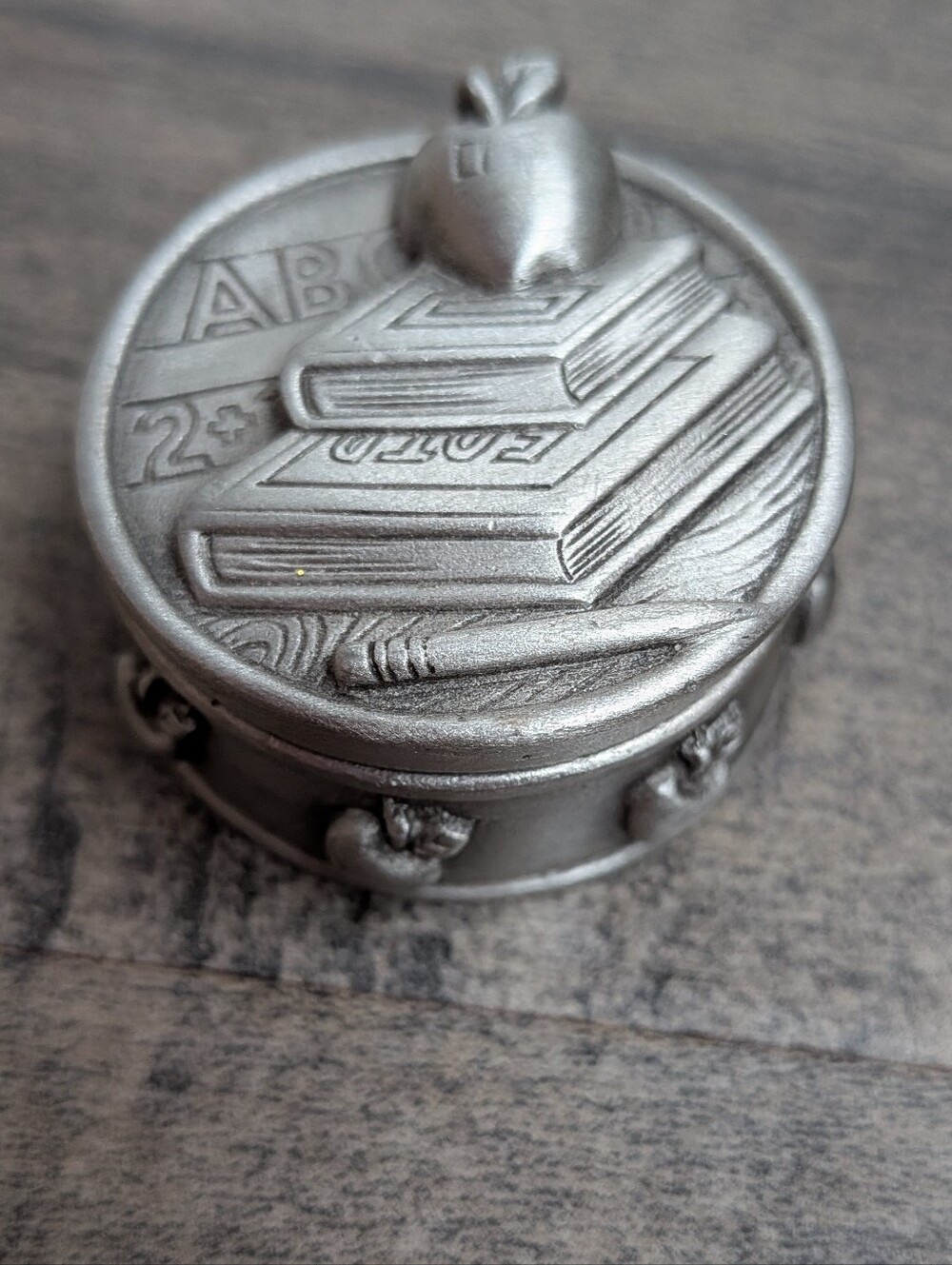 VTG Ms Dee Pewter School Days Trinket Box & Brooch Pin Set Teacher Collectible